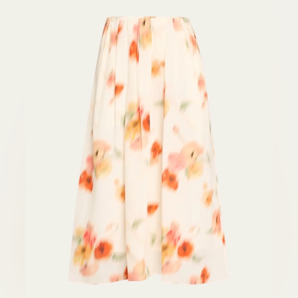 VINCE Poppy Blur Gathered Midi Skirt Floral Size M Lined Cream and Pink $395